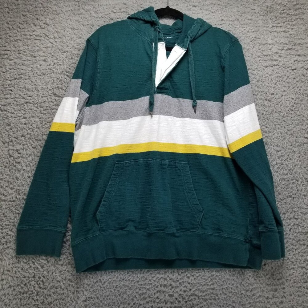 American Eagle Outfitters Shirt Mens XL Green Striped Cotton Pocket Hoodie *Read